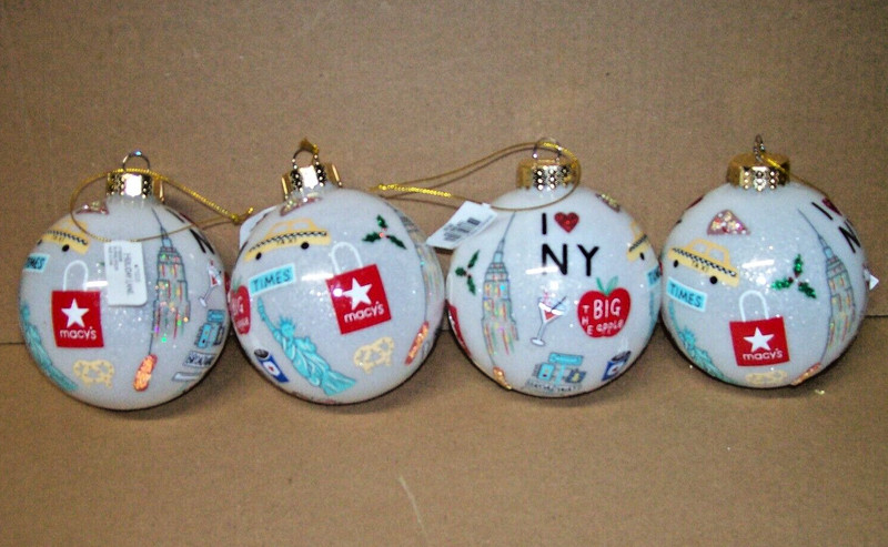 4 Macy's Holiday Lane I Love New York The Big Apple Ball Christmas Ornaments NEW