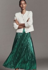 NWT By Anthropologie Metallic Pleated MIDI Skirt Emerald Green Mermaid Size S