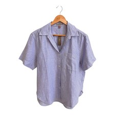 J Crew Linen Cotton Short Sleeve Button Up Blue Stripe Pajama Top Women Size S