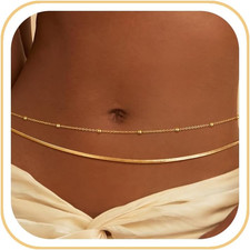 14K Gold Plated Waist Chain for Women, Layered Waist Beads Silver Plated Gold