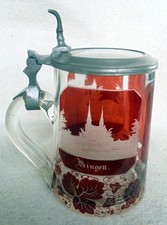 ALT Bierkrug Humpen rot Glas Bingen und Ehrenfels um 1880 Krug Zinn Sammelkrüge