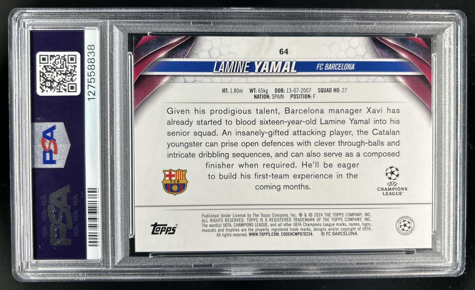 2023-24 Topps UEFA Lamine Yamal RC #64 Barcelona PSA 9 Rookie view 2