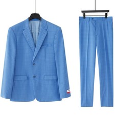 Men's Navy Blue Plaid Glen Check High-Quality Polyester 2Piece Suit Party Attire