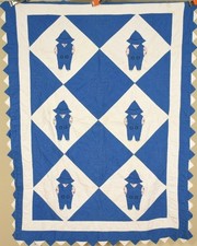 Vintage 30's Blue  White "Overall Sam" Farmer Applique Antique Crib Quilt 