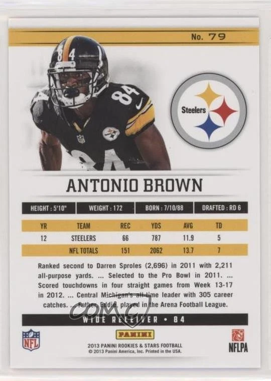 2013 Panini Rookies & Stars Longevity Sapphire /25 Antonio Brown #79 - Image 2 of 2