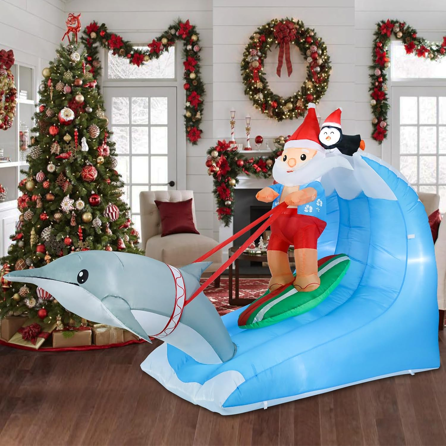 7.5FT Christmas Inflatables Santa Surfing 2025 NEW LED Outdoor Decoration