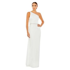 Mac Duggal White Rhinestone Trim One Shoulder Strappy Trumpet Gown Size 12 $398