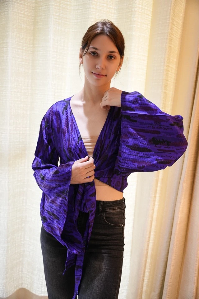 Wrap Top Pure Silk Tie Blouse Dress Girls Woman Y2k Boho crop Top PS PSW1708 - Image 2 of 4