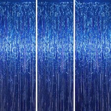 3 Pack 3.3x8.2 Feet Blue Foil Fringe Backdrop Curtains, Tinsel 13 Dark Blue