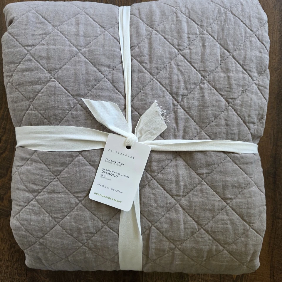 Pottery Barn Belgian Flax Linen DIAMOND QUILT-Full/Queen - Warm Gray  - NWT - Image 2 of 3