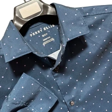 Perry Ellis Mens Stretch Slim Fit Button Down Shirt Small Navy Geometric Print