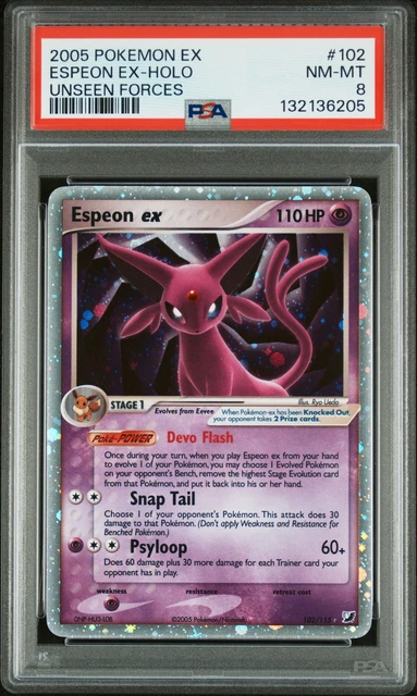 2005 POKEMON EX UNSEEN FORCES #102 ESPEON EX-HOLO PSA 8