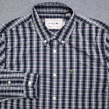 Lacoste Oxford Button Down Shirt Mens Medium 40 Slim Fit Green Blue Plaid Logo