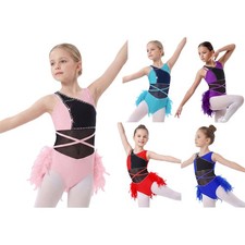Girls Leotard Latin Bodysuit Mesh Patchwork Dancewear Shiny Costume Feather
