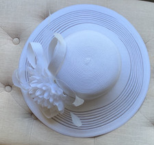 Plaza Suite White Brimmed Derby Hat with Feathers Festival Hat Spring Summer
