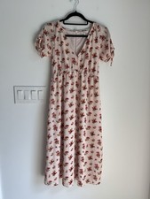 Madewell Dress Womens 00 Pink Midi Floral Tie Sleeve Ruffle Waist Fit and Flare