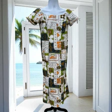 VTG 1960’s Sears Hawaiian Fashions Barkcloth Maxi Dress Tiki