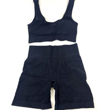 Women's Large Black Workout Set 2 Piece Ribbed Crop Tank High Waist Shorts Outfi