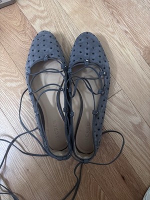 J.CREW $228 STUDDED SUEDE LACE-UP BALLET FLATS GRAY ANKLE-TIE 8