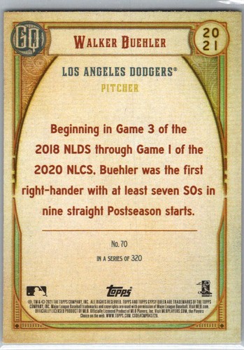 2021 Topps Gypsy Queen #70 Walker Buehler - 第 2/2 張圖片