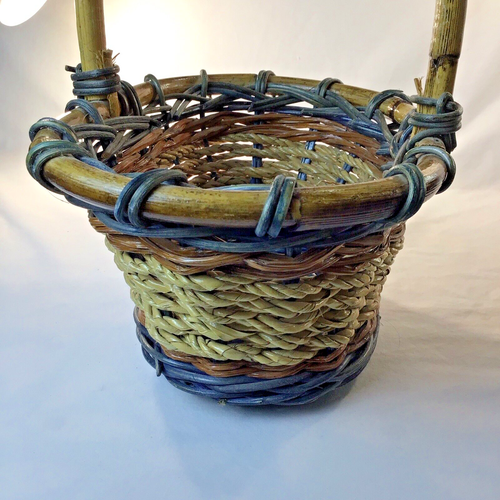 Vintage Wicker Woven Basket with one Handle Bule 2 Tone Brown Oblong 12" tall - Picture 7 of 9