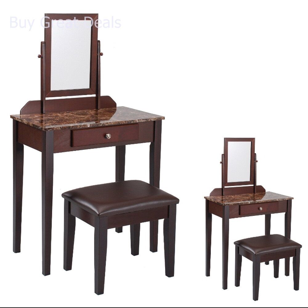 Vanity Table Stool Espresso Finish Marble Top Crown Mark For Sale Online Ebay