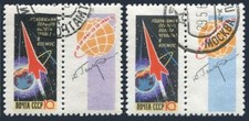 Russia 2578a-2578b/label, CTO. Mi 2587a-2587b. Yuri Gagarin flight,1st Ann,1962.