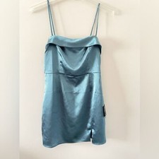 NWT Lulus Dancefloor Drama Slate Blue Satin Bodycon Mini Dress Size Medium