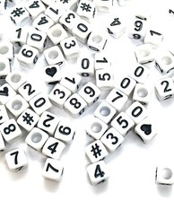 6mm cube white acrylic beads 50/100pcs single number, heart, ; mixed numbers