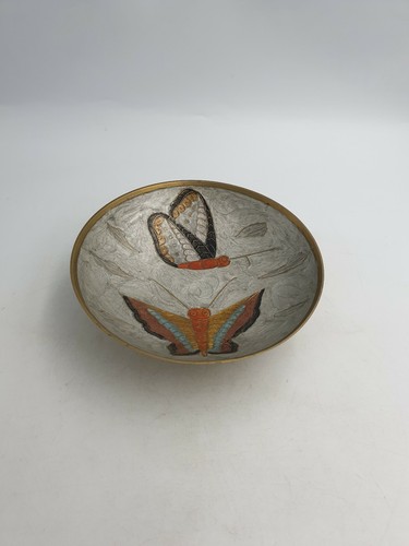 Vintage Indian Solid Brass Enamelled Footed Bon Bon Dish Bowl Butterflies Grey - Picture 4 of 11