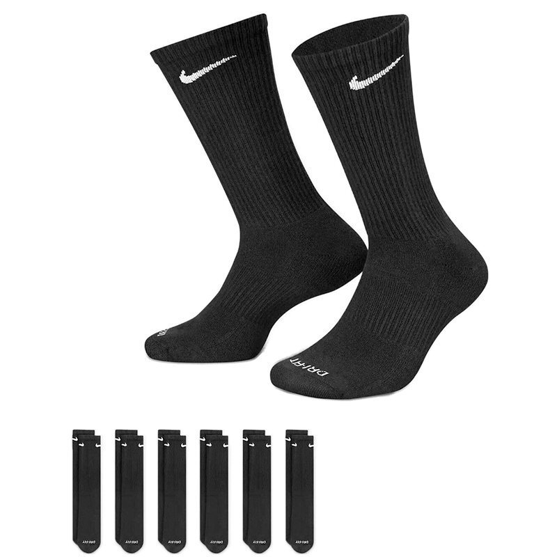 Nike Everyday DriFit 6 Pairs Black White Crew Socks Cushioned Gym