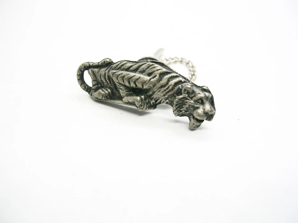 Tie Pin with Chain Tiger Tie Tack Pewter Finish Necktie Accessory Men Jewelry - Image 2 of 3