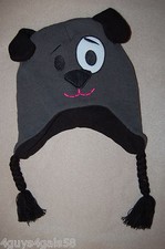 Boys Knit Critter Hat PUPPY DOG Gray Black WHITE CIRCLE AROUND EYE