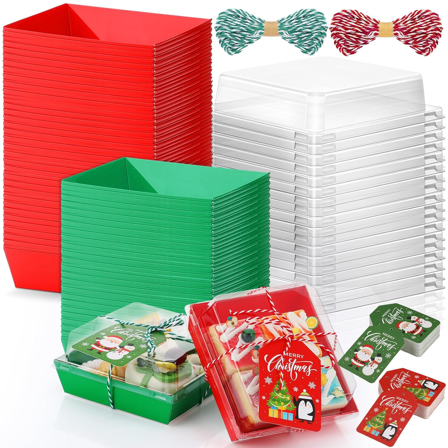 100 Pcs Christmas Charcuterie Boxes with Ropes and Cards, Christmas Food Box wit