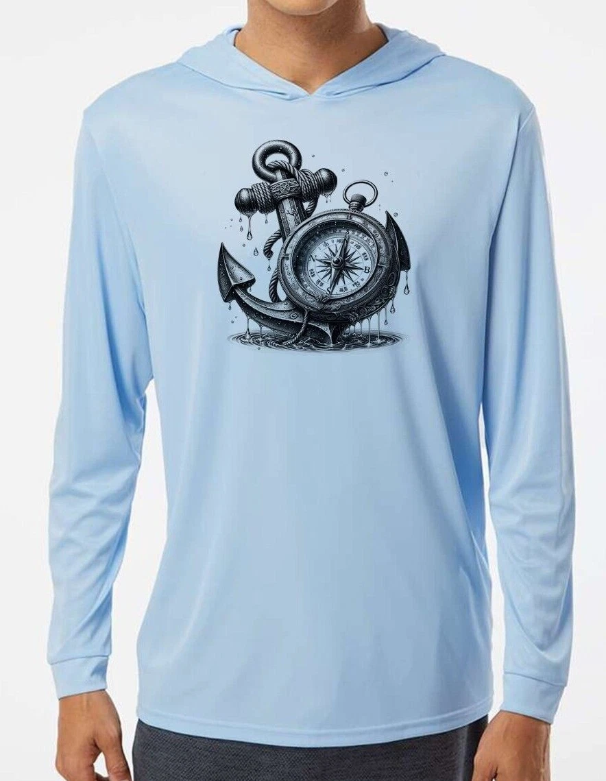 Compass Anchor Nautical Sea Boat UV Protected UPF 50 Long Sleeve T-Shirt Hood