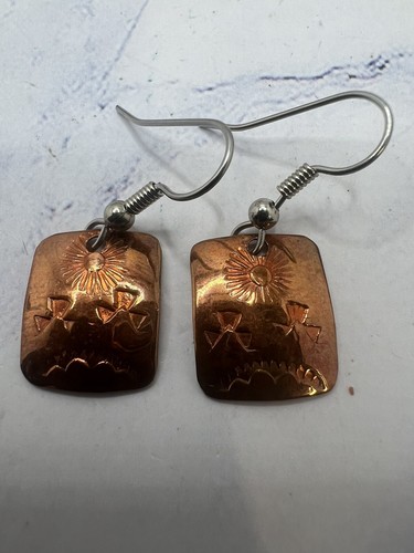 Vintage Navajo Brass Tribal Design DB Buffalo Signed Dangle Earrings - Picture 6 of 8