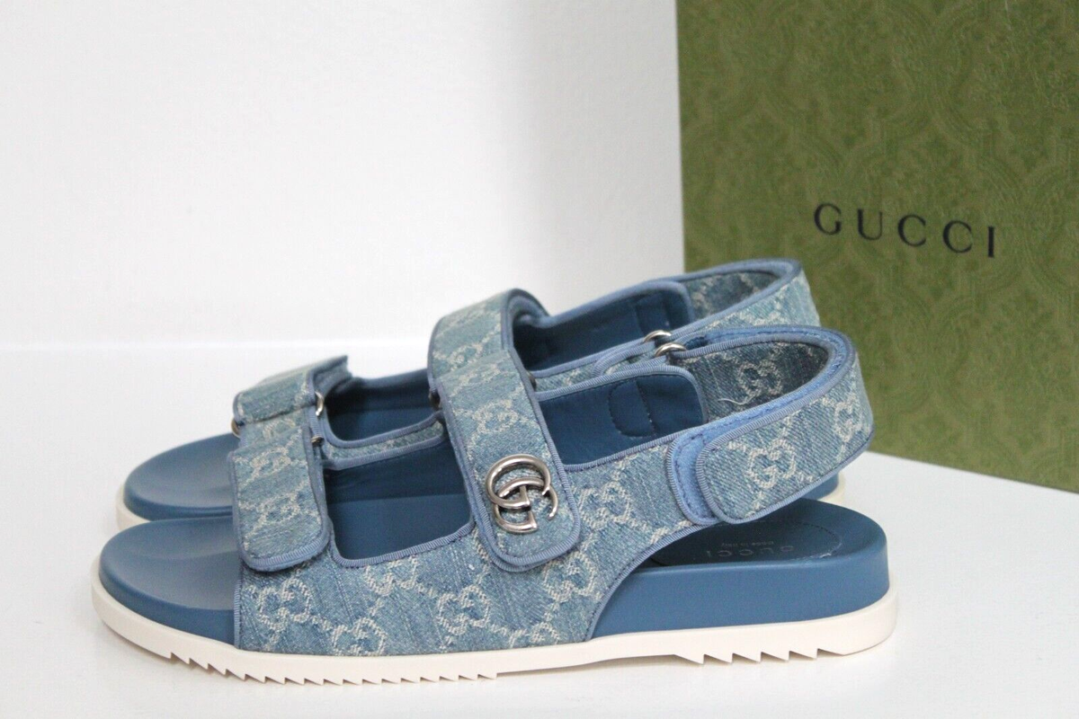 sz 6.5 / 36.5 Gucci Moritz Double G GG Blue Denim Sandal Flat