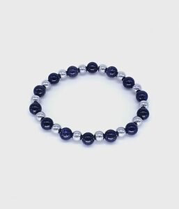 Alternating Blue Goldstone and Magnetic Silver Hematite Gemstone Bead Bracelet