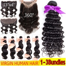 Free Part Lace Closure Brazilian 100 Virgin Human Hair 3Bundles/300g Deep Wave