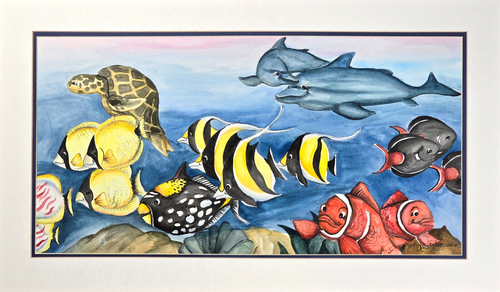 VTG Original Watercolor by Lisa Rasmussen, Tropical Fish, Dolphins, Sea Turtle - 第 2/16 張圖片
