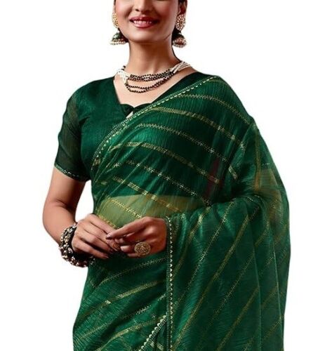 Women's Shimmer Net Foil Printed Saree With Unstitched Blouse Piece - Dark Green - Picture 1 of 7