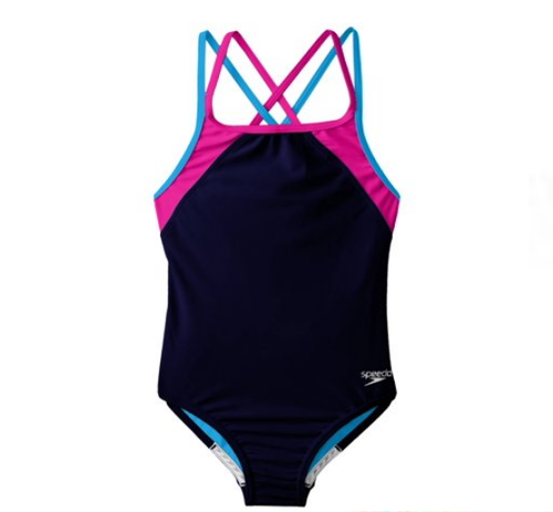 Speedo Girls Double Crossback Splice One Piece Swimwear Navy Size 10