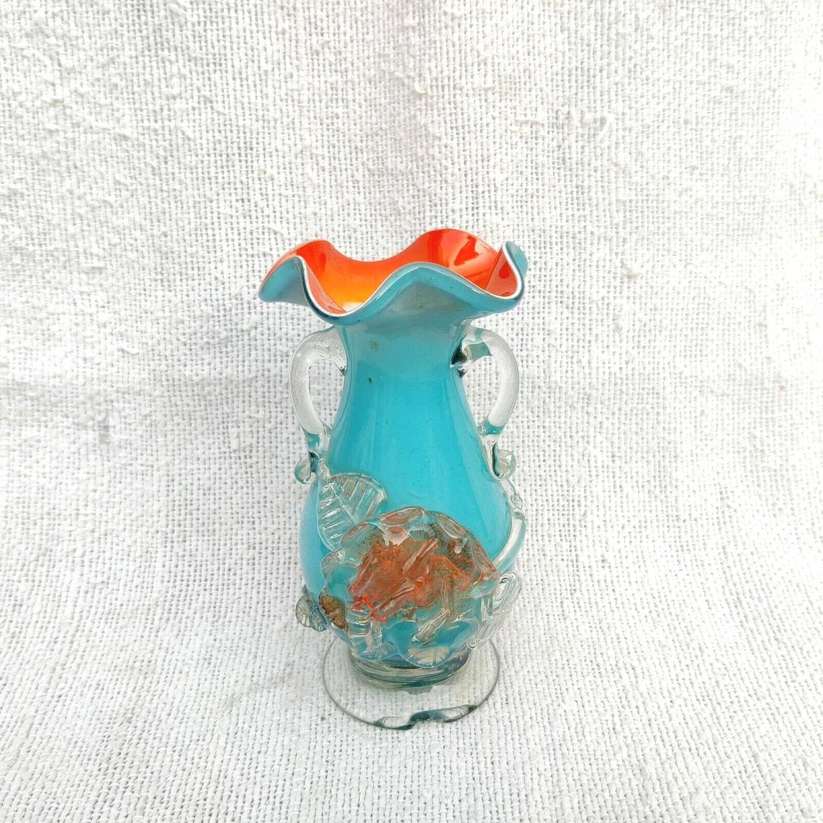 Vase Décoratif En Verre Floral Bleu Orange Avec Marque De Pontil Vintage GV97