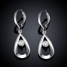 Pretty Sterling Silver Plated Clear CZ Teardrop Mini Hoop Dangle Drop Earrings