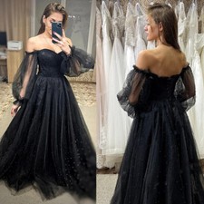 Gothic Black Wedding Dresses Beaded Puff Sleeve Off Shoulder Beaded Bridal Gowns