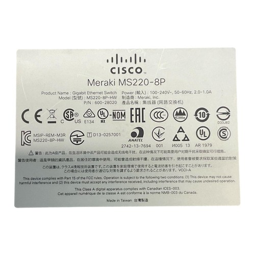 8 Port PoE 1GB RJ45 Cisco Meraki MS220-8P Switch Single PSU | 2x 1GB SFP - Picture 9 of 10