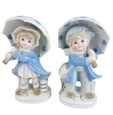 vtg Japan KPM Porcelain Boy & Girl Figure polka dot Umbrella pair