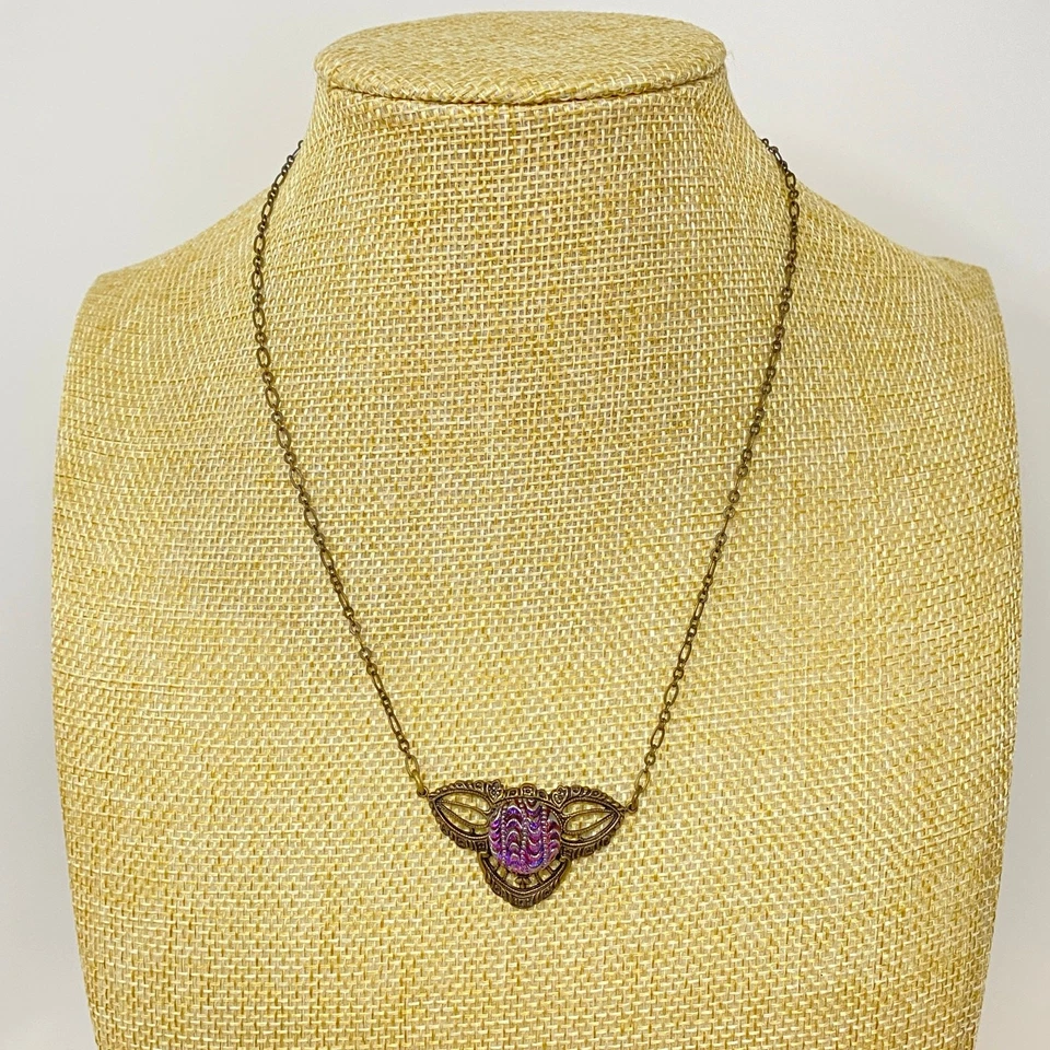 Vintage Art Deco Nouveau Pendant Necklace Foil Back Lucite Cabochon Brass Chain - Изображение 2 из 4