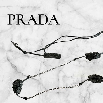 PRADA Leather Flower Motif Long Necklace Black Logo