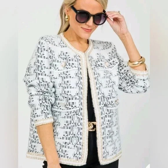 NORTHERN ANGEL COATIGAN MAGLIA APERTA DAVANTI STILE CHANEL BIANCO NERO NUOVO TG L